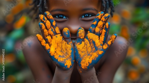 A young girl with hands covered in yellow and blue paint. photo