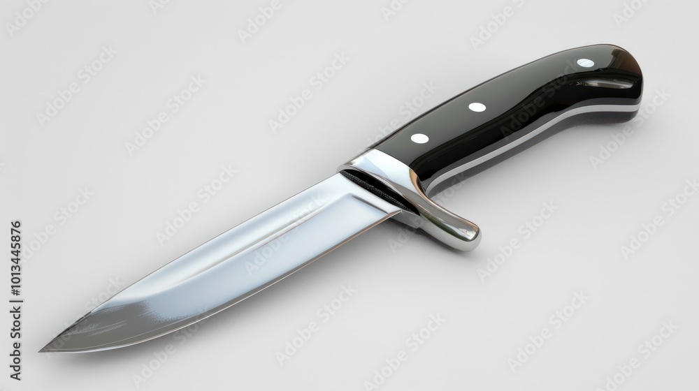 Close up of a Sleek and Shiny Stainless Steel Kitchen Knife with a Black Handle Placed on a Bright and Clean Background Showcasing the Blade s Sharp and Reflective Edge Close up of a Sleek and Shiny Stainless Steel Kitchen Knife with a Black Handle Placed on a Bright and Clean Background Showcasing the Blade s Sharp and Reflective Edge