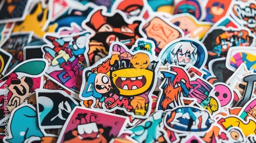 Vibrant Pile of Colorful Stickers with Cartoon Characters, Symbols, and Logos