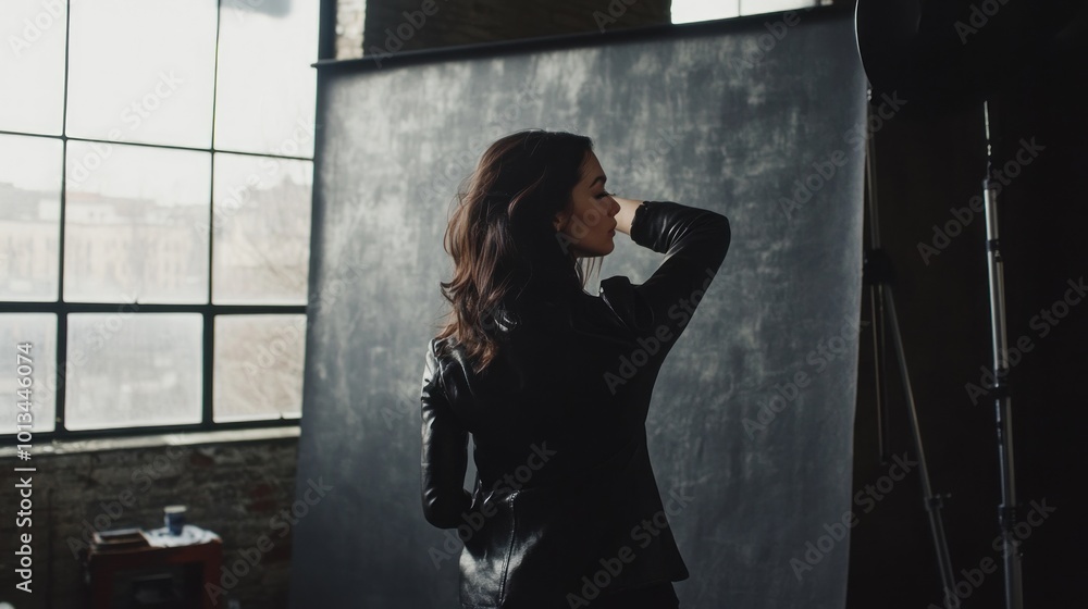 Woman in a Black Leather Jacket Posing Against a Gray Background Woman in a Black Leather Jacket Posing Against a Gray Background