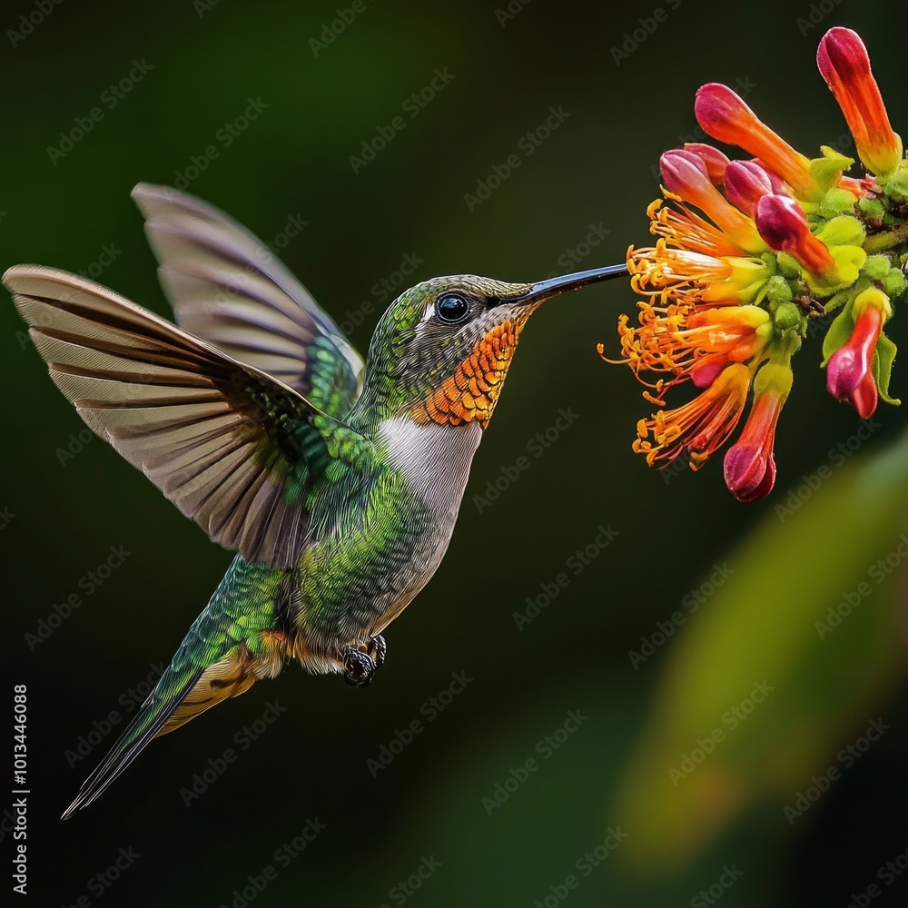 Obraz premium A vibrant hummingbird approaches a colorful flower. The image captures the beauty of nature and its delicate balance. Perfect for nature lovers and environmentalists. AI