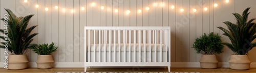 Baby’s room with holiday lights strung across the crib, festive atmosphere, 3D illustration.