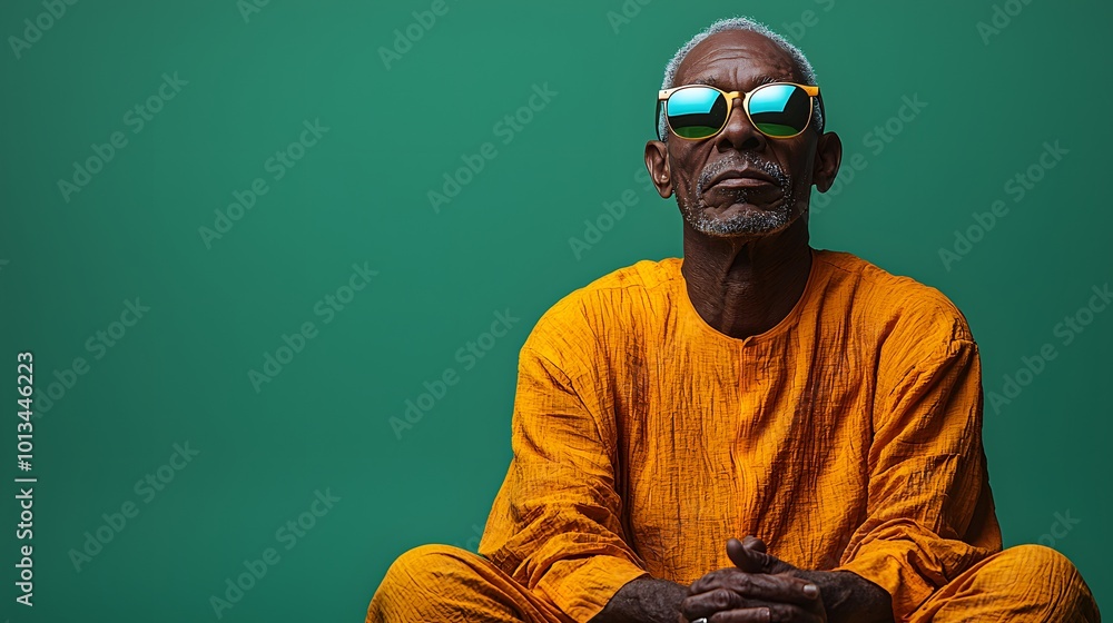 Elderly Man in Reflective Sunglasses Against Green Background Elderly Man in Reflective Sunglasses Against Green Background