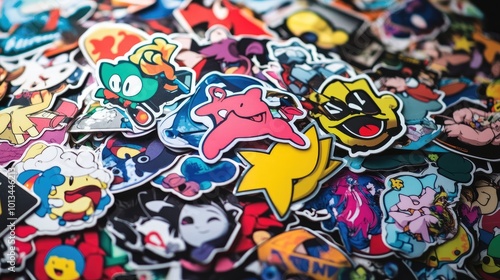 Vibrant Pile of Colorful Stickers with Cartoon Characters, Symbols, and Logos