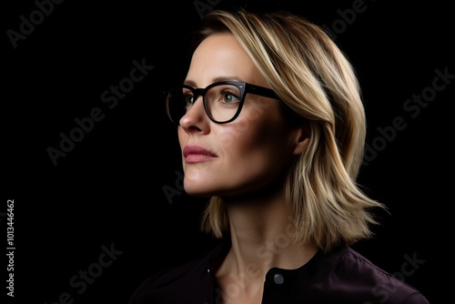 Portrait of a beautiful businesswoman in glasses on a black background