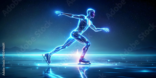 Flat Glowing Abstract Ice Skating Figure on Neon Frozen Lake - Vibrant Winter Atmosphere for Winter Activities Promotion