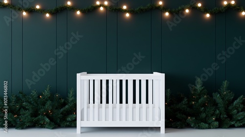 Crib surrounded by Christmas garlands and gentle holiday lights, 3D illustration.