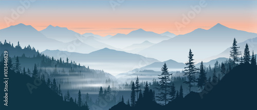 Sunrise in the mountains, misty silhouettes of ridges, forest in the fog, vector illustration