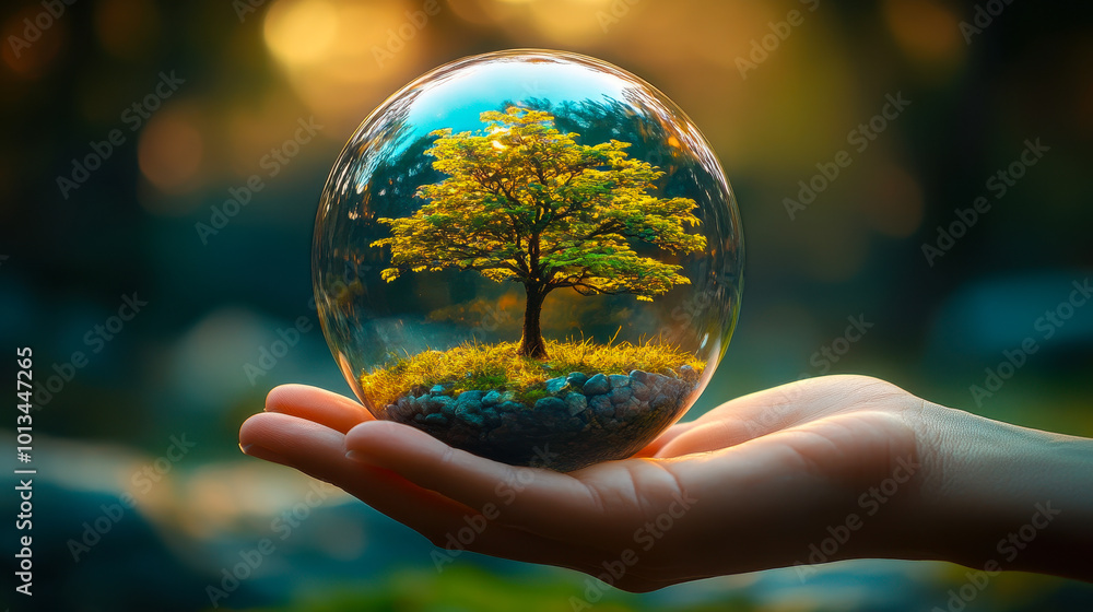 Hand Holding Glass Sphere with Growing Tree Inside, Symbolizing Environmental Conservation and Care in Nature, Warm Sunset Background, Concept of Ecology and Sustainability Hand Holding Glass Sphere with Growing Tree Inside, Symbolizing Environmental Conservation and Care in Nature, Warm Sunset Background, Concept of Ecology and Sustainability