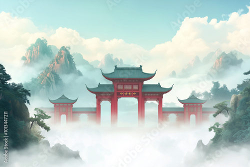 Ancient Eastern Mythology Mountain Temple Background