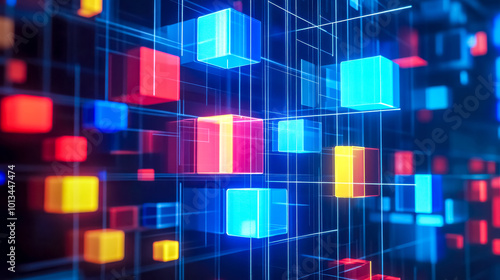 Abstract network of glowing cubes connecting in digital space