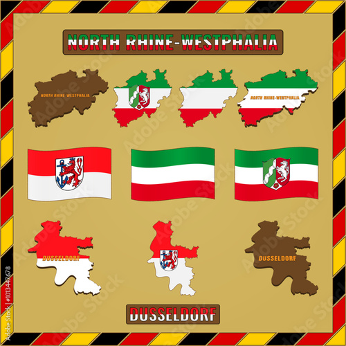 Set of flags, coats of arms and outlines of NORTH RHINE-WESTPHALIA and Dusseldorf. Vector illustration.
