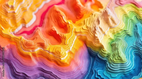 topographic map with intricate contour lines forming a mountainous terrain. vibrant colors denote elevation changes, creating an abstract, tactile appearance on textured paper.