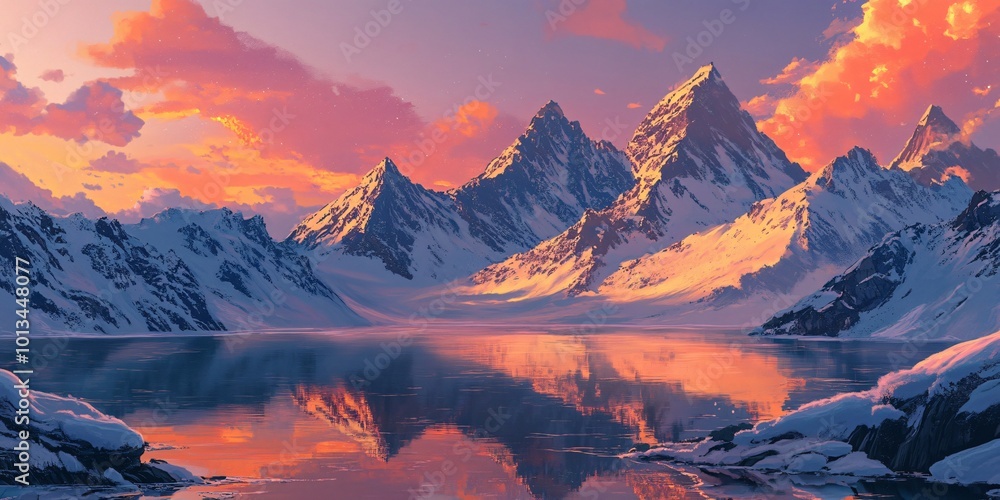 Majestic snow capped mountain range reflecting in a serene lake during sunset with an orange sky. Majestic snow capped mountain range reflecting in a serene lake during sunset with an orange sky.