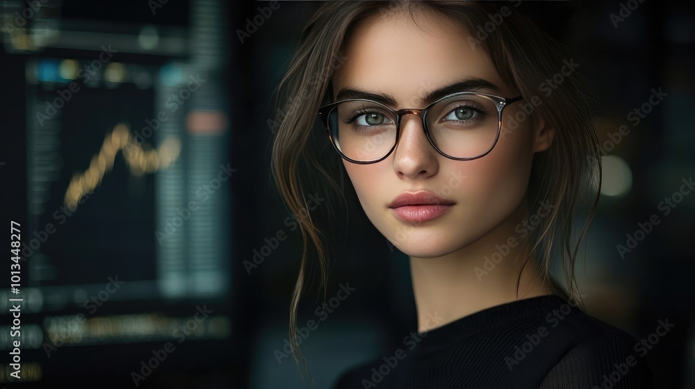 Portrait of a Smiling Female Trader at Her Desk with Trading Charts Portrait of a Smiling Female Trader at Her Desk with Trading Charts