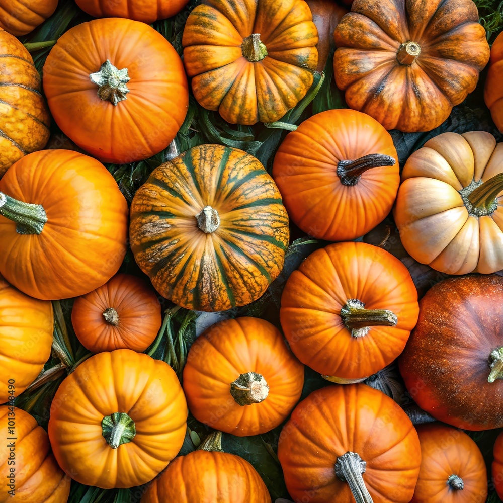 A collection of pumpkins in different colors, shapes, and textures, autumn's harvest, top view A collection of pumpkins in different colors, shapes, and textures, autumn's harvest, top view