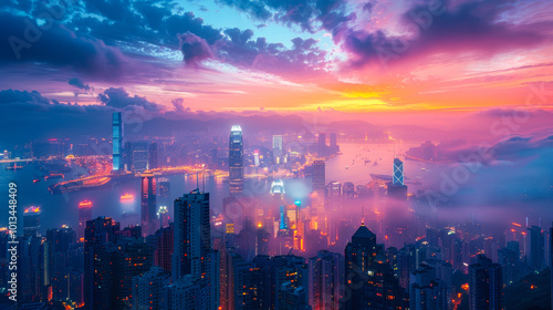 Vibrant Modern Cityscape at Sunset with Skyscrapers and Illuminated Buildings, Business District Amidst Dramatic Sky and Urban Lights, Evening Urban Panorama
