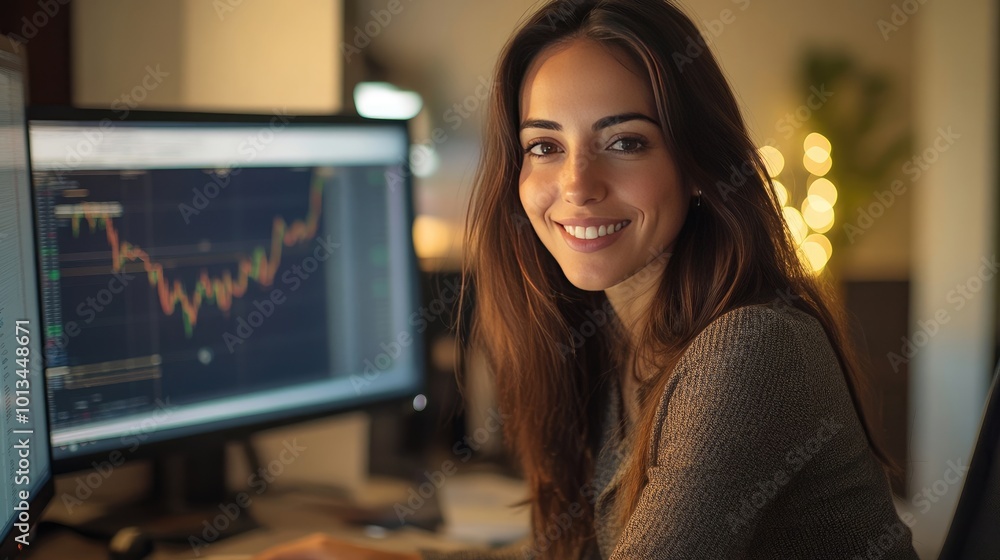 Portrait of a Smiling Female Trader at Her Desk with Trading Charts Portrait of a Smiling Female Trader at Her Desk with Trading Charts