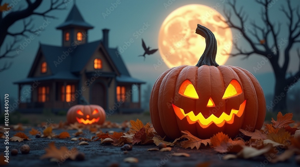 Jack-o-lantern glowing in front of a haunted house under the full moon.
