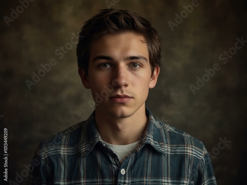 Young man in plaid shirt, captured in a portrait.