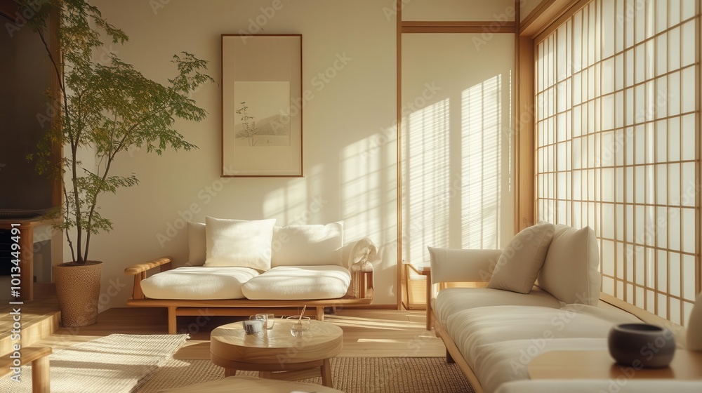 Fototapeta premium tranquil japandi-style living room bathed in natural light. minimalist furniture, organic textures, and earthy tones. blend of scandinavian and japanese design elements.