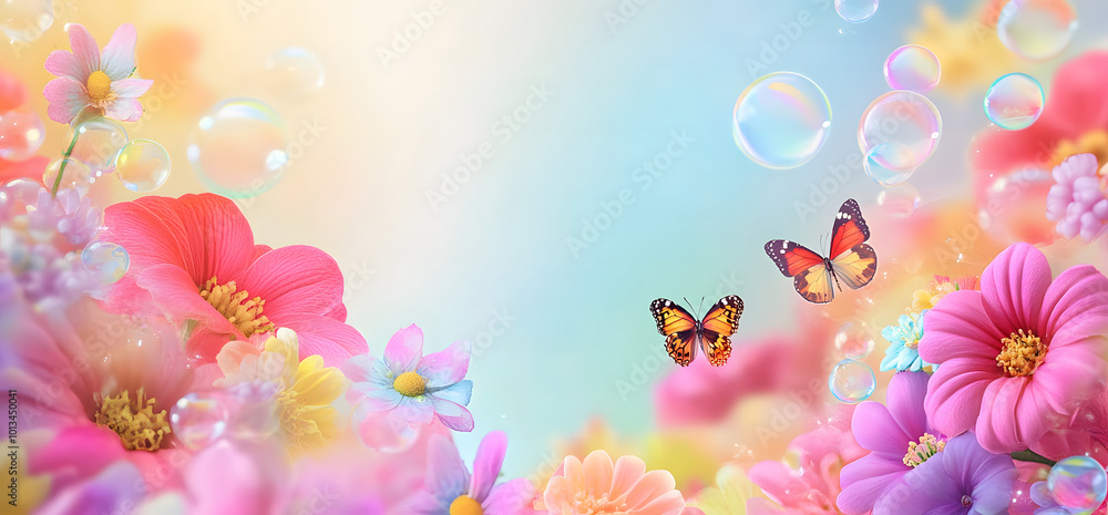 Gallery background design, a colorful gradient background design with pink flowers and butterflies d, rainbow-colored bubbles, shiny light effects, sparkling stars, in a cartoon style, in a cute style Gallery background design, a colorful gradient background design with pink flowers and butterflies d, rainbow-colored bubbles, shiny light effects, sparkling stars, in a cartoon style, in a cute style