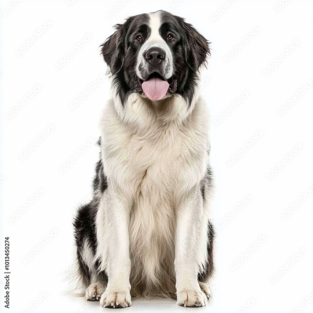 Pyrenean Mastiff exhibits its impressive stature and thick, fluffy coat while seated confidently against a bright white background, embodying loyalty and strength. Pyrenean Mastiff exhibits its impressive stature and thick, fluffy coat while seated confidently against a bright white background, embodying loyalty and strength.