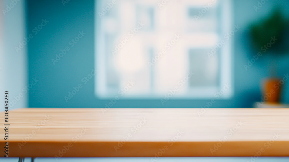 Modern Wooden Table in Bright Room with Soft Focus Modern Wooden Table in Bright Room with Soft Focus