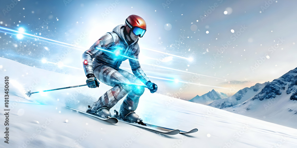 3D Glowing Skier in Abstract Snowstorm on Digital Mountain | Futuristic Winter Sports Concept | Captivating Winter Scene for Product Promotion 3D Glowing Skier in Abstract Snowstorm on Digital Mountain | Futuristic Winter Sports Concept | Captivating Winter Scene for Product Promotion
