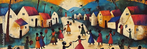 A vibrant painting of a village street scene.