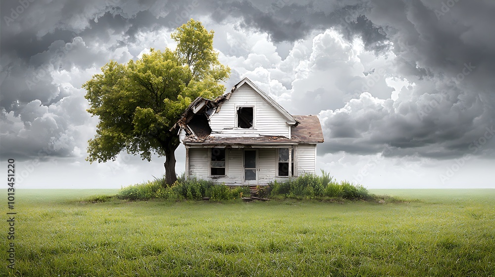 A broken home with deep fractures running through its walls, surrounded by overgrown weeds and neglected gardens, symbolizing disunity and collapse. Ultra-Realistic, Photo Realistic, A broken home with deep fractures running through its walls, surrounded by overgrown weeds and neglected gardens, symbolizing disunity and collapse. Ultra-Realistic, Photo Realistic,