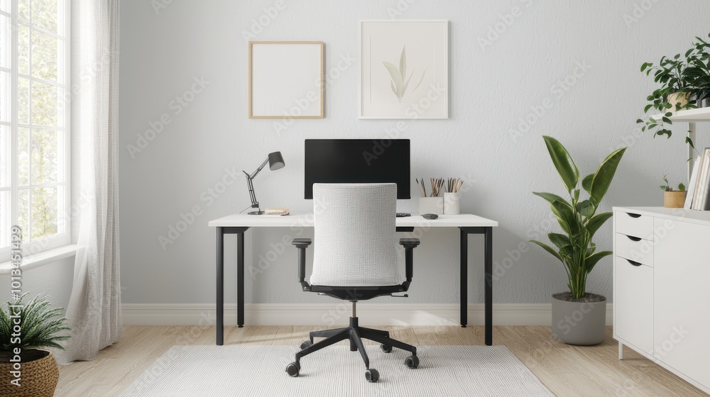 Home office setup with desk, computer, and chair Home office setup with desk, computer, and chair