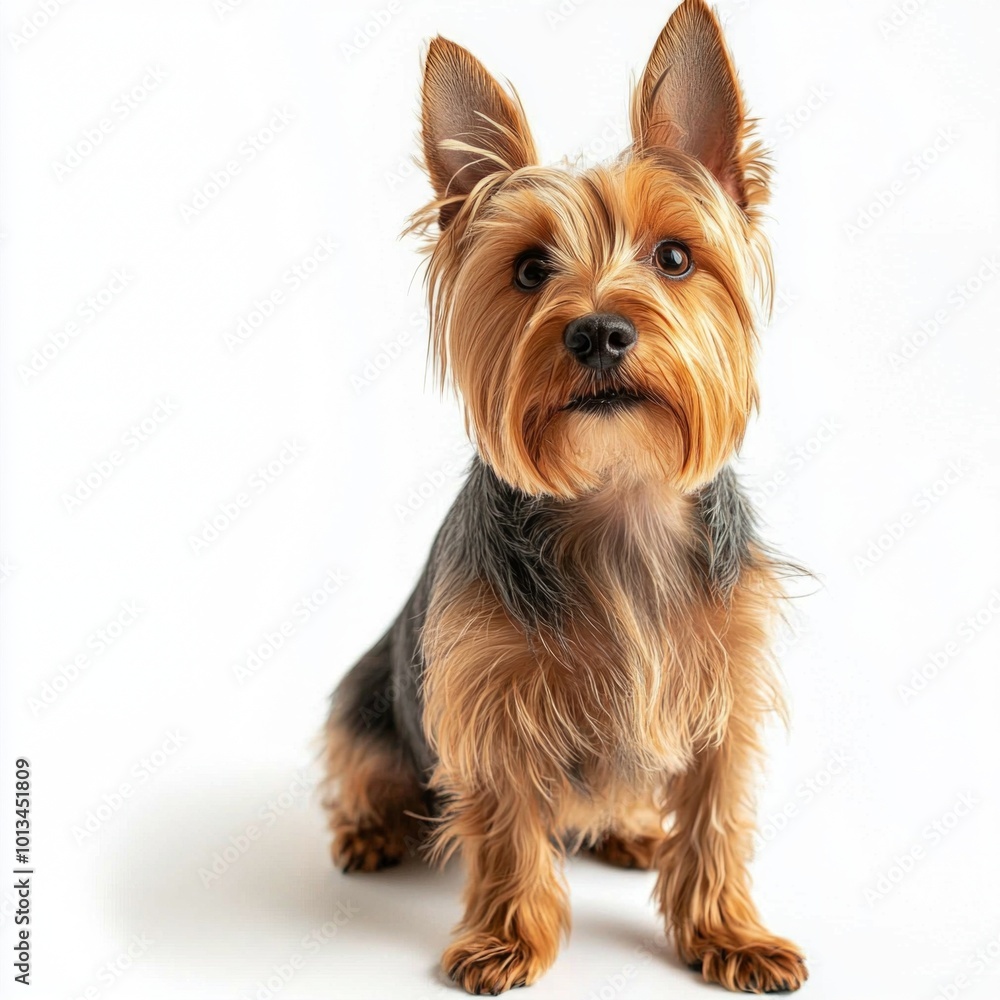 This delightful Silky Terrier showcases its luxurious fur and alert expression, sitting gracefully against a pristine white backdrop, radiating charm and personality. This delightful Silky Terrier showcases its luxurious fur and alert expression, sitting gracefully against a pristine white backdrop, radiating charm and personality.
