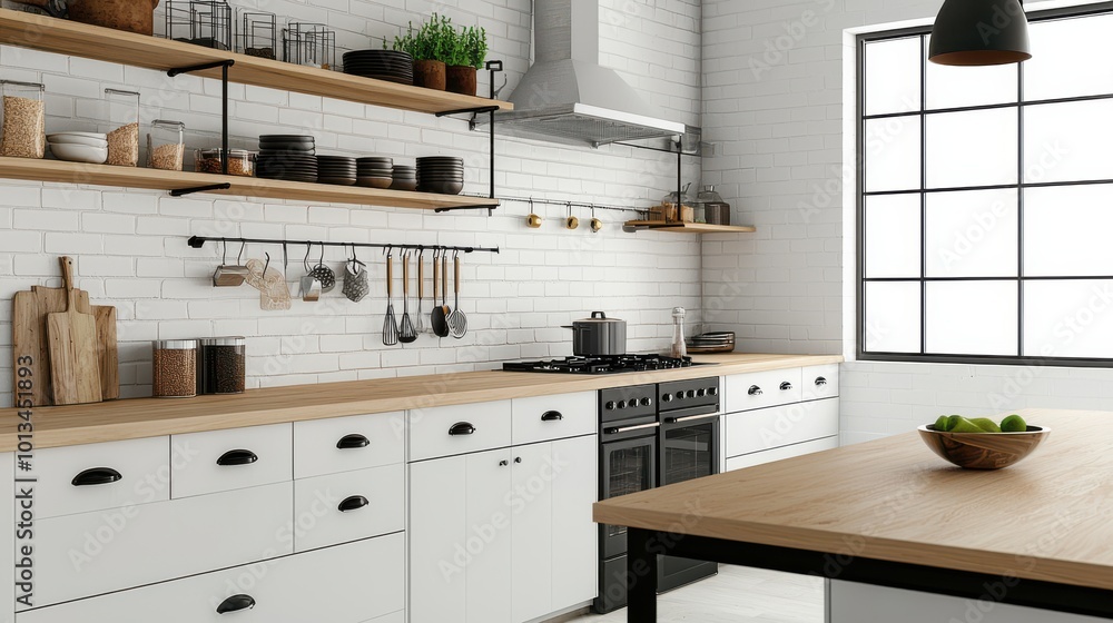 Kitchen with hanging utensils and open shelves Kitchen with hanging utensils and open shelves
