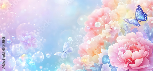 Fototapeta Naklejka Na Ścianę i Meble -  Gallery background design, a colorful gradient background design with pink flowers and butterflies d, rainbow-colored bubbles, shiny light effects, sparkling stars, in a cartoon style, in a cute style