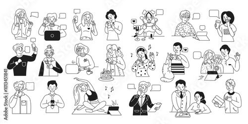 Diverse people using smartphones and computers linear vector icons set. Users at various online activities characters illustrations collection