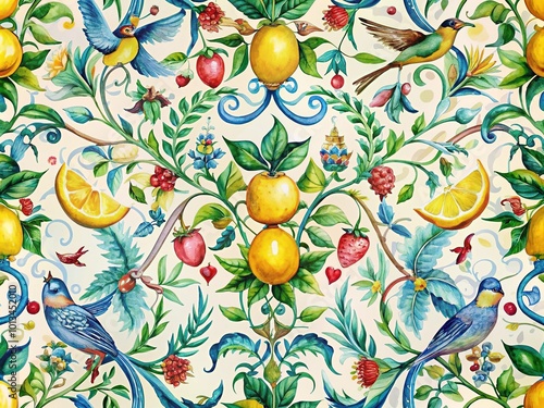 Vibrant watercolor pattern featuring traditional Italian ornaments, lemon branches, hummingbirds, and ribbons, evoking a Sicilian summer feel, 
