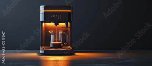 Elegant and modern coffee maker emitting a warm glowing light as it sits on a wooden table in a minimalist dimly lit interior design  The device s sleek photo