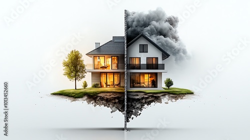 A house split down the middle, with one side brightly lit and full of life, while the other side crumbles in darkness, representing conflict and opposition. Ultra-Realistic, Photo Realistic,  photo