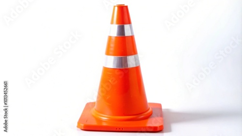 A single orange traffic cone with reflective stripes on a white background. photo