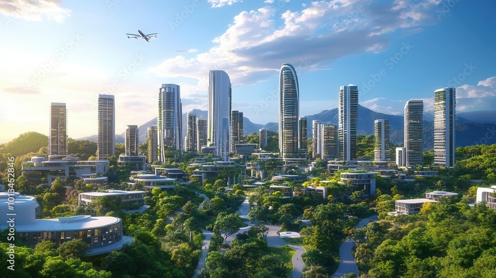 Fototapeta premium utopian eco-city, sleek skyscrapers seamlessly integrated with verdant forests, sustainable architecture, flying vehicles, clean energy infrastructure visible