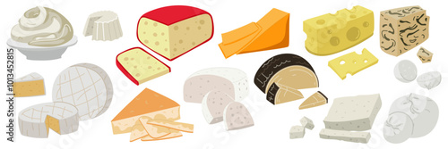 A set of colored flat cheeses of various types. Group illustrations of cheeses in different positions, slicing, individual pieces, a modern collection of dairy products. Popular cheeses in variety
