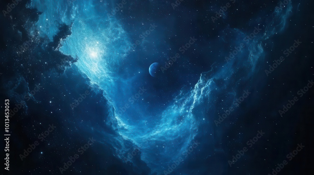 Fototapeta premium vast cosmic landscape of swirling blue nebulae, glittering distant stars, ethereal wisps of stardust, futuristic space station silhouette, planet rising on horizon, sci-fi elements subtly integrated
