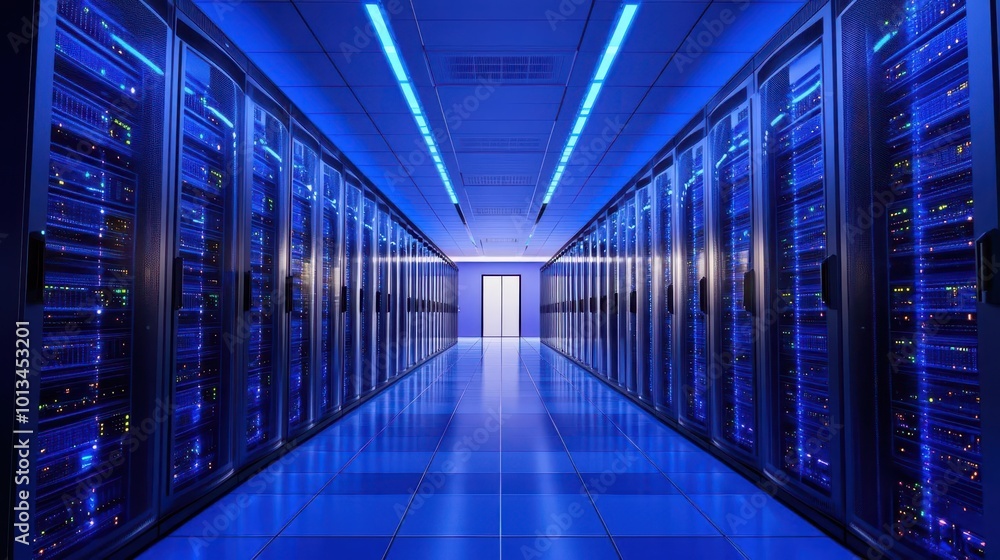 vast data center interior with rows of server racks stretching into the distance. blue light emanates from the equipment, symbolizing the flow of digital information and cloud computing power. vast data center interior with rows of server racks stretching into the distance. blue light emanates from the equipment, symbolizing the flow of digital information and cloud computing power.