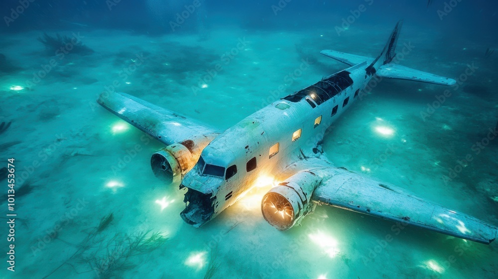 Naklejka premium Sunken Airplane in Tranquil Underwater Landscape