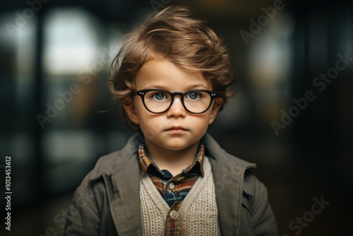 Portrait of a cute little boy wearing eyeglasses. Kids fashion.