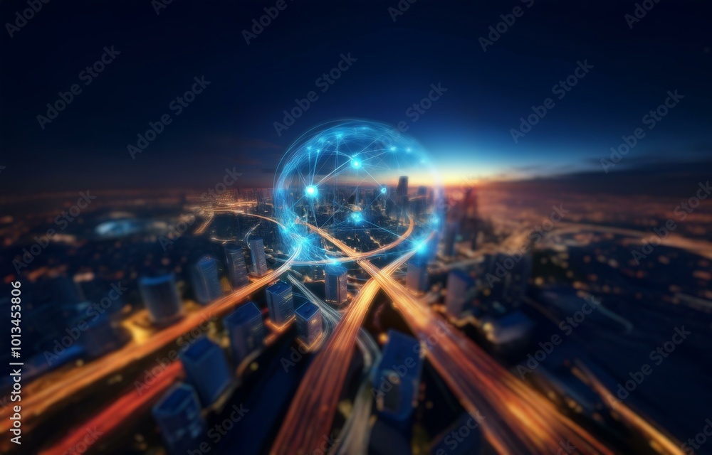A futuristic network of light trails and glowing spheres above a sprawling city skyline. A futuristic network of light trails and glowing spheres above a sprawling city skyline.