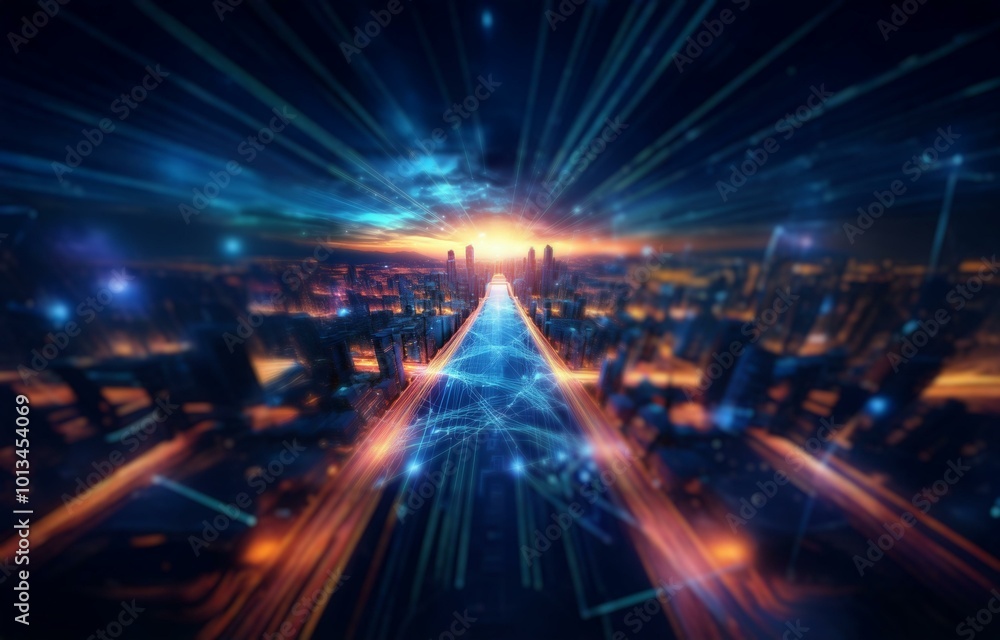 A city skyline illuminated by the glow of streetlights, with digital lines emanating from the center. A city skyline illuminated by the glow of streetlights, with digital lines emanating from the center.