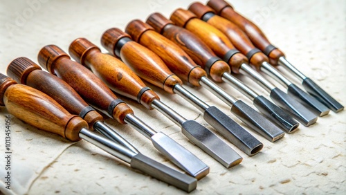 Set of wood carving chisels with wooden handles arranged on a white background. photo