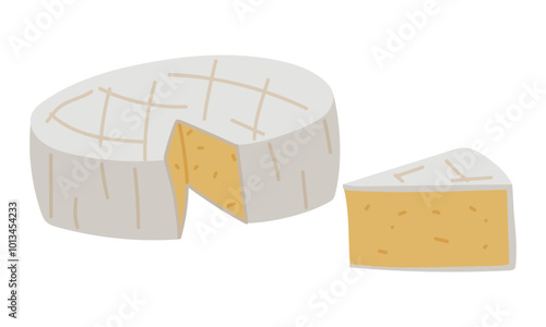 Wallpaper Mural a set of round and triangular pieces of Camembert cheese, a French soft creamy dish with brie cheese in the form of tortillas highlighted on a white. Individual items. A triangle cut out of a circlea  Torontodigital.ca